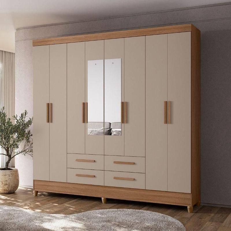 Guarda Roupa Casal Espelho 8 Portas 204 Cm Florida Carvalho Fendi